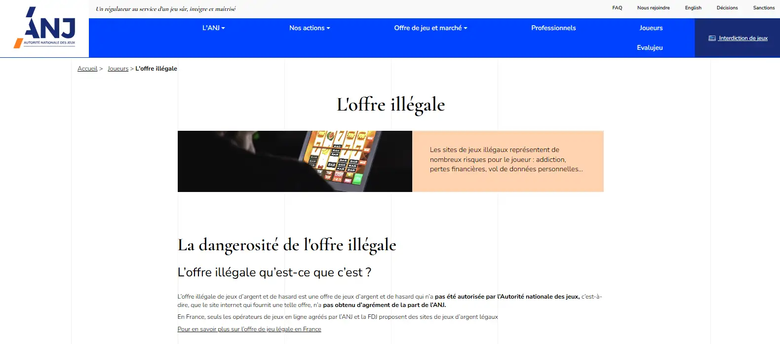 Page de l'ANJ sur l'offre illégale de casinos en ligne