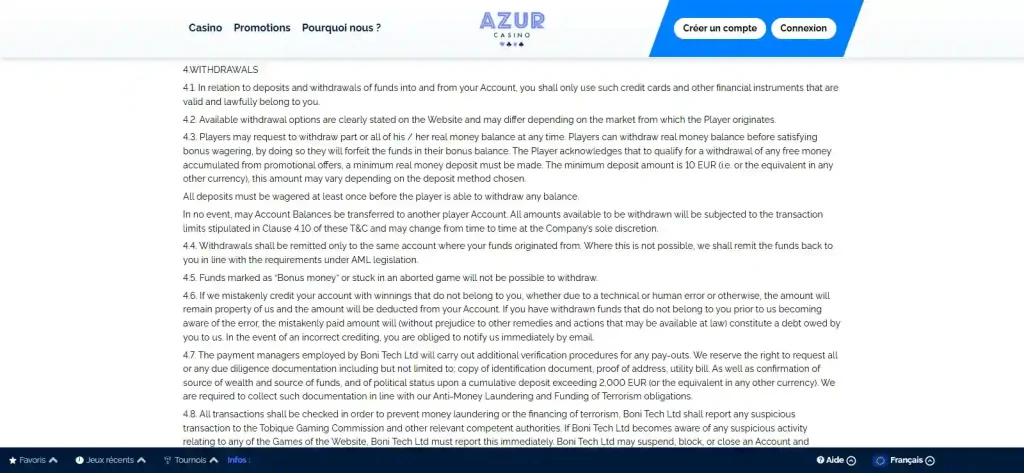 Conditions officielles Azur Casino sur les retraits et les vérifications