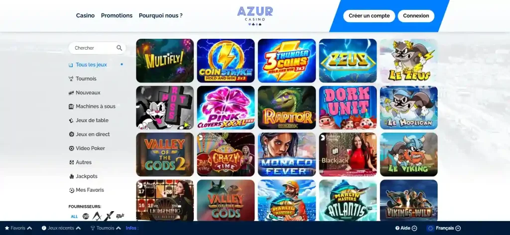 Lobby officiel Azur Casino avec ses catégories de jeux
