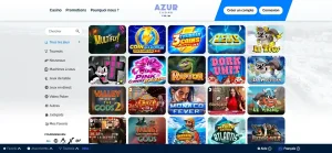 Lobby officiel Azur Casino avec ses catégories de jeux