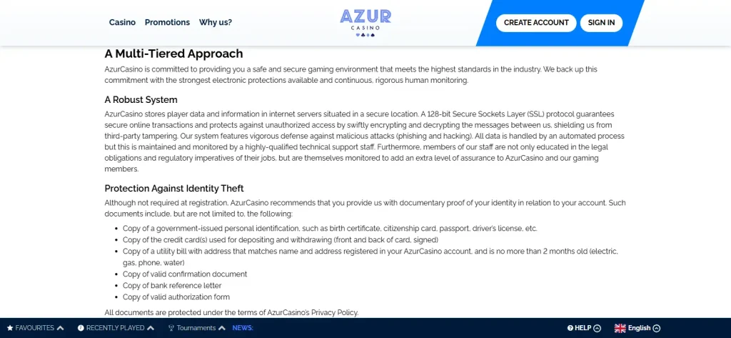 Page officielle de sécurité Azur Casino consacrée aux justificatifs d
