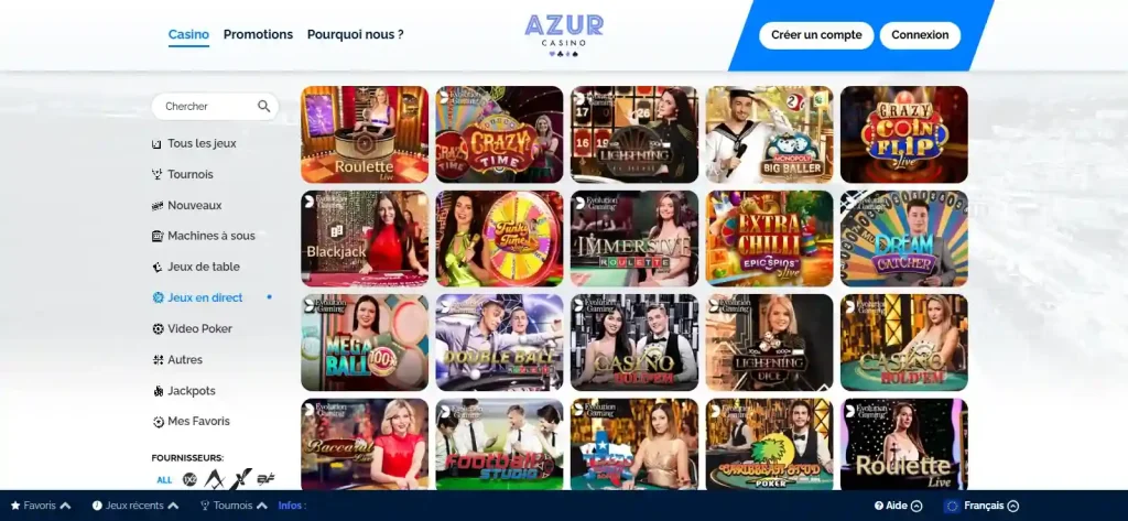 Section Jeux en direct du lobby officiel Azur Casino avec roulette et blackjack